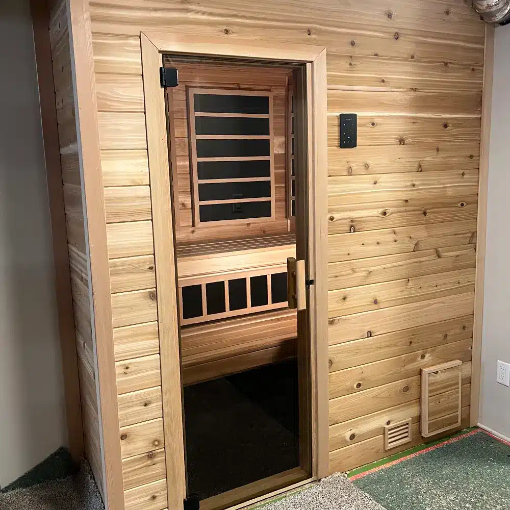 knotty western red cedar exterior on custom infrared sauna in Minneapolis