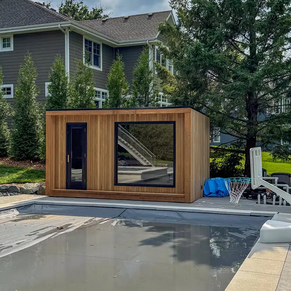 right angle of custom outdoor sauna built on lake minnetonka thermo aspen exterior