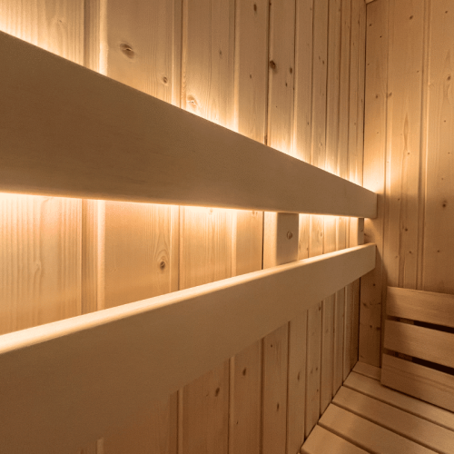 Bench Lighting On The NorthStar 57 Outdoor 5'x7' Panel Built Pre Fab Sauna