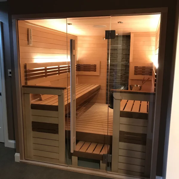 Custom Glass Front Sauna With Hemlock Interior