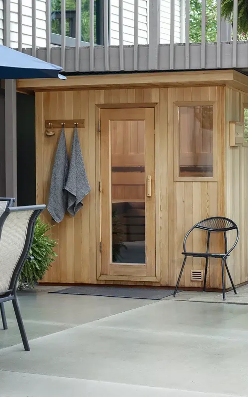 Finnleo Euro custom tradtional sauna under a deck