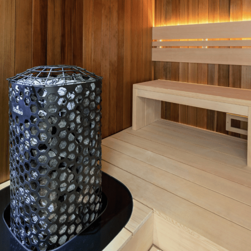 Finnleo Himalaya Rock Tower Sauna Heater Installed in Custom Cut Sauna Room