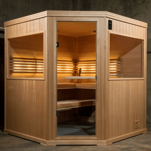 Hallmark 66 - 6'x6' Corner Panel Built Pre Fab Sauna Front View