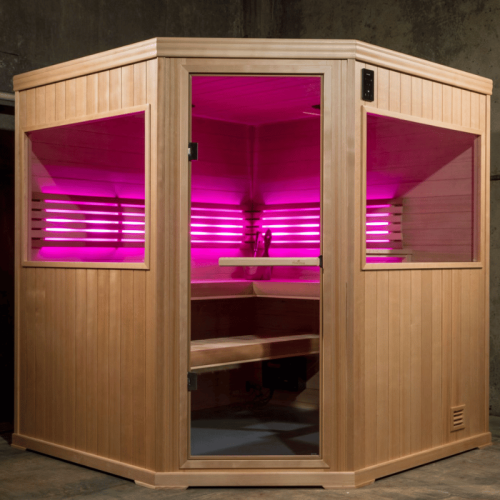 Hallmark 66 - 6'x6' Corner Panel Built Pre Fab Sauna Lighting Pink View