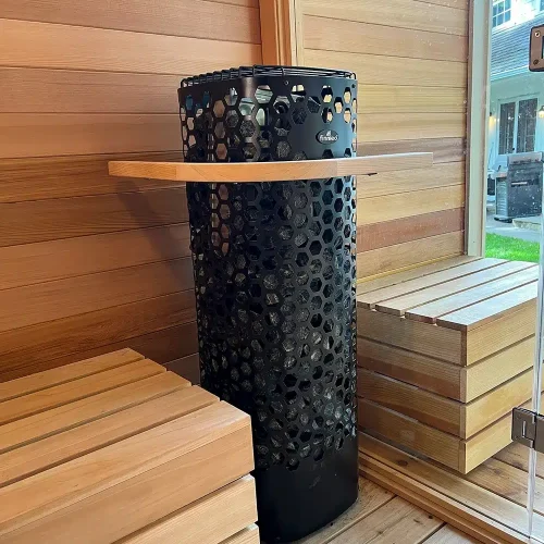 finnleo himlaya rock tower heater in cedar outdoor sauna